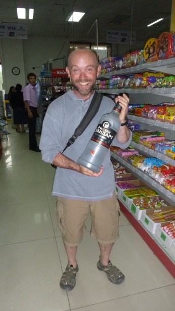 Little man with a 3 litre bottle of vodka.