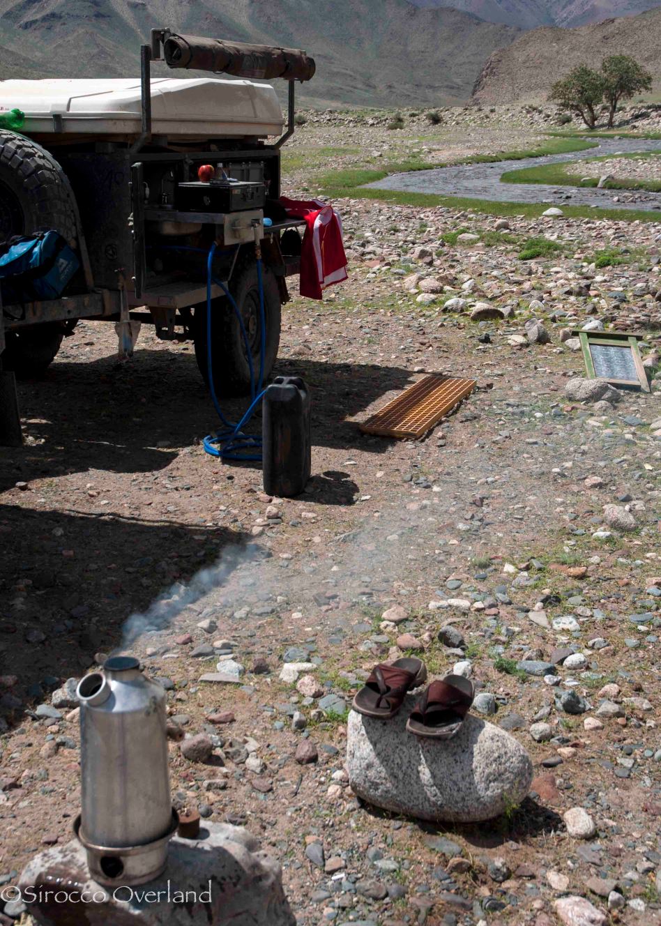 overland, adventure, shower, set-up, trailer, expedition, mongolia, kelly kettle, water,